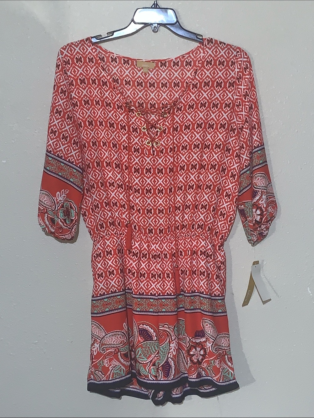 Takara Red Patterned Boho Lace-Up Romper
